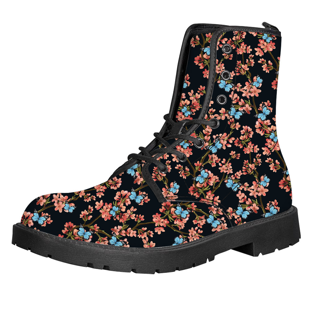 Blossom Flower Butterfly Print Leather Boots