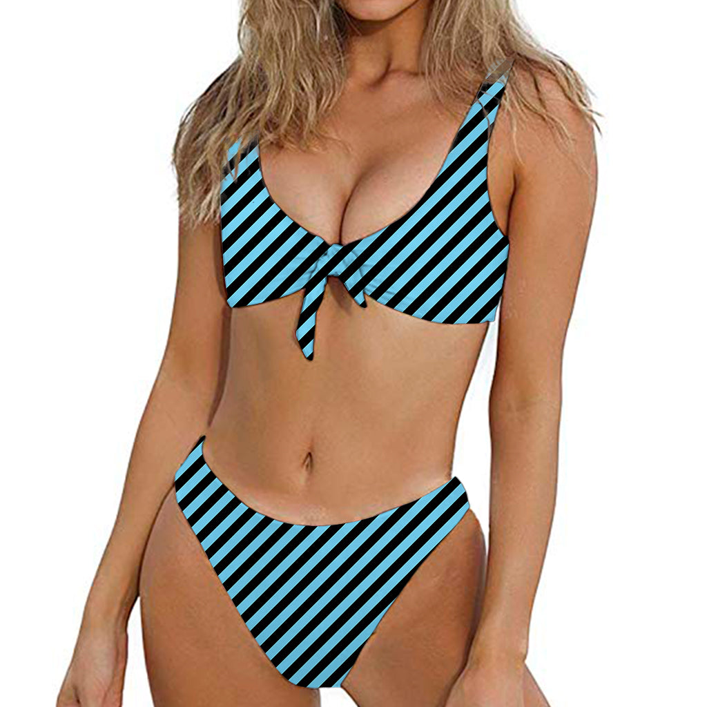 Blue And Black Stripes Pattern Print Front Bow Tie Bikini