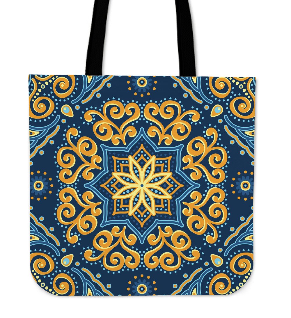 Blue And Gold Bohemian Mandala Print Canvas Tote Bag