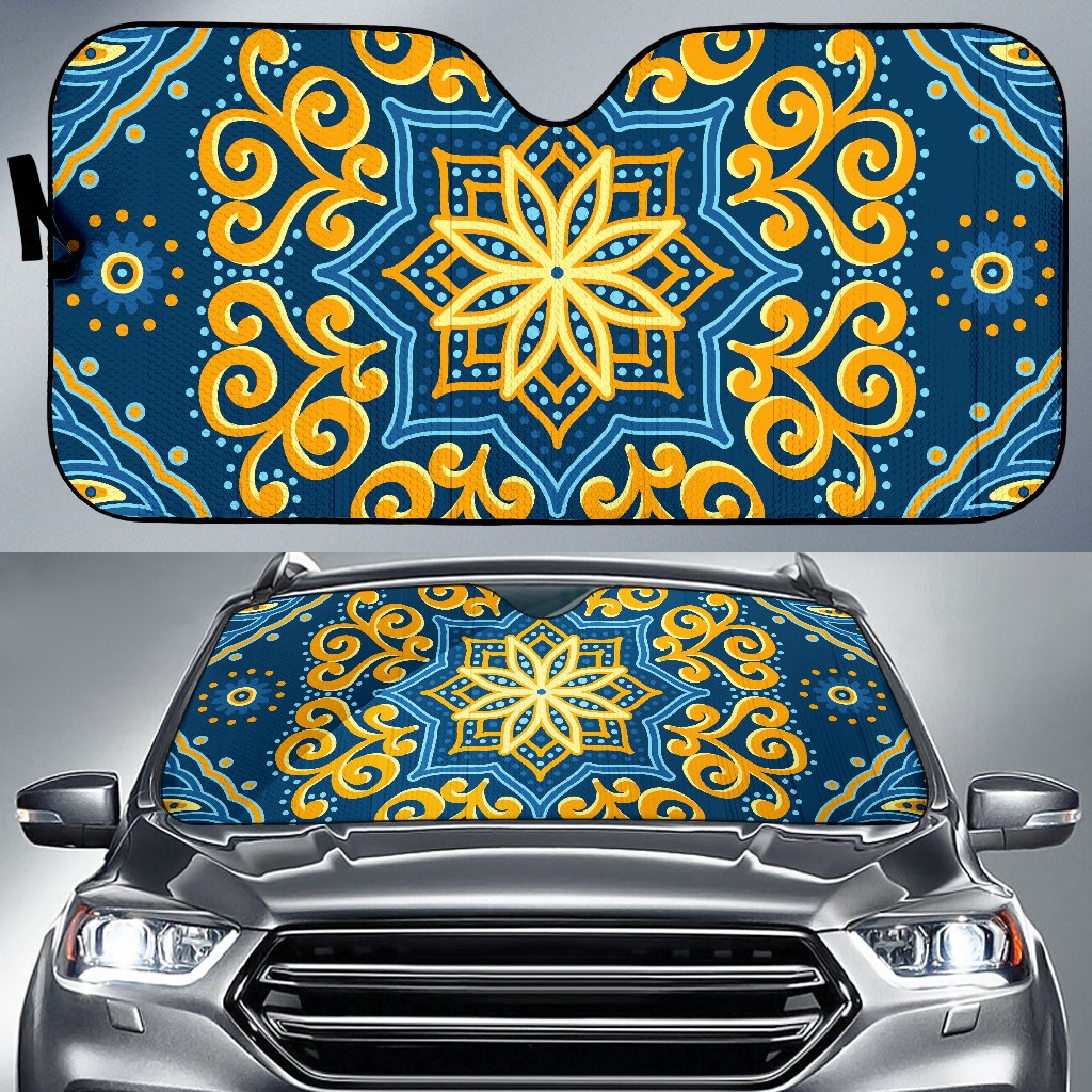 Blue And Gold Bohemian Mandala Print Car Sun Shade