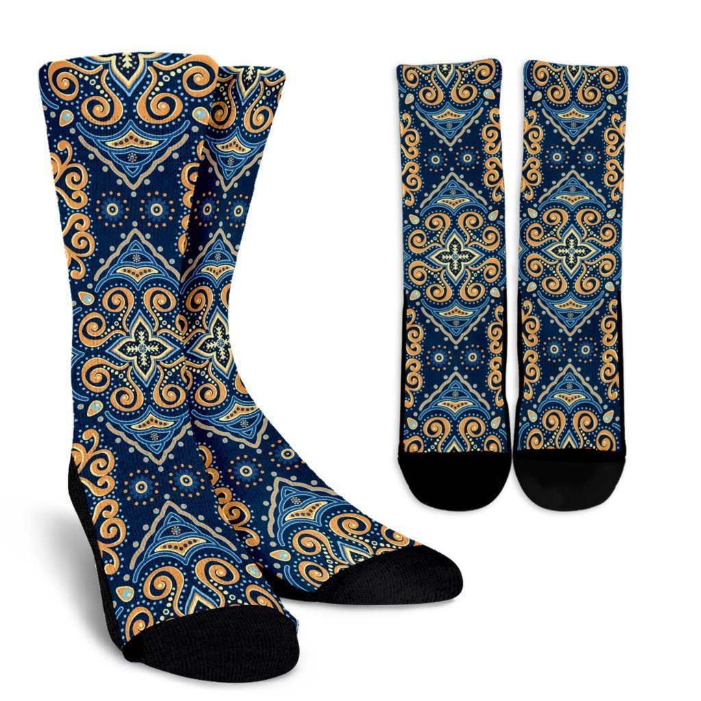 Blue And Gold Bohemian Mandala Print Crew Socks