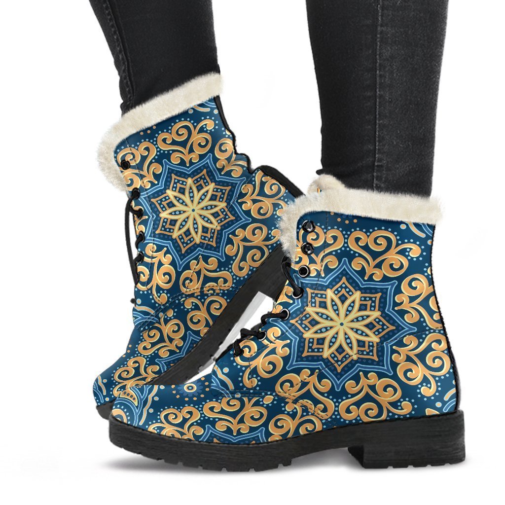 Blue And Gold Bohemian Mandala Print Faux Fur Leather Boots