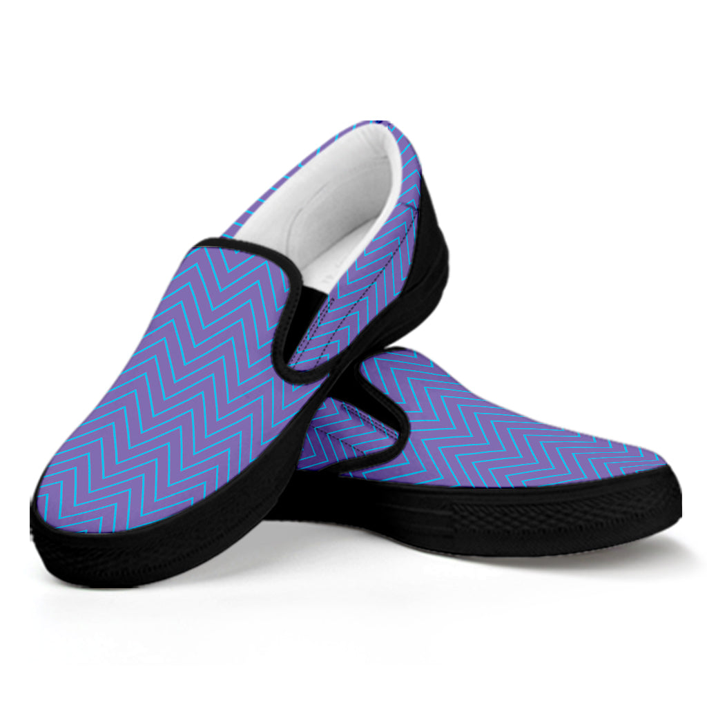 Blue And Purple Zigzag Pattern Print Black Slip On Shoes