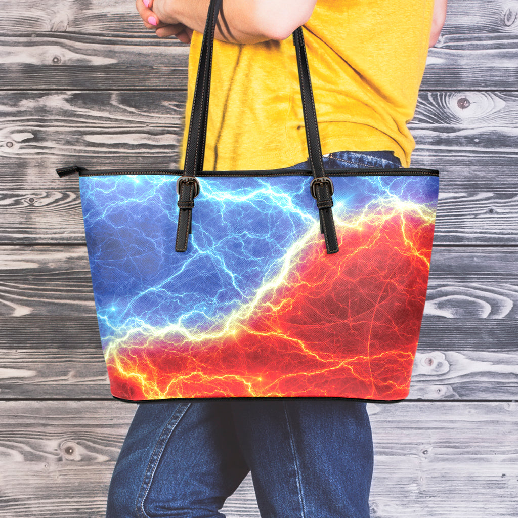 Blue And Red Lightning Print Leather Tote Bag