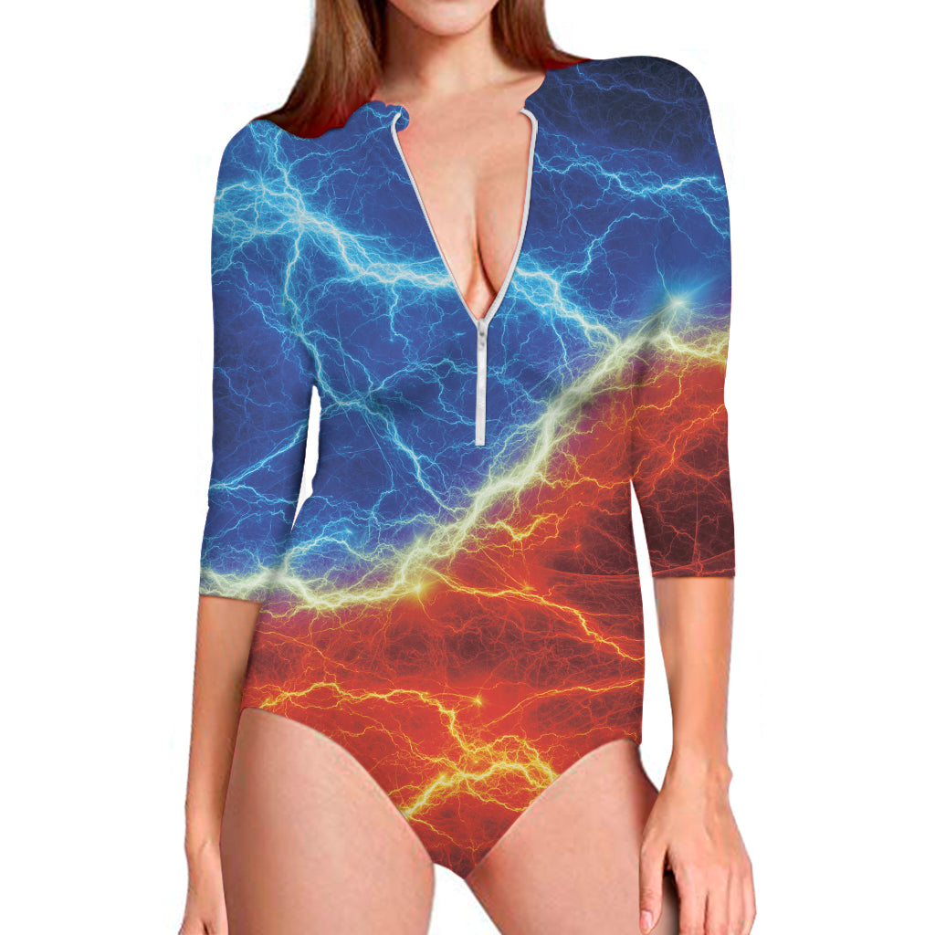 Blue And Red Lightning Print Long Sleeve One Piece Swimsuit