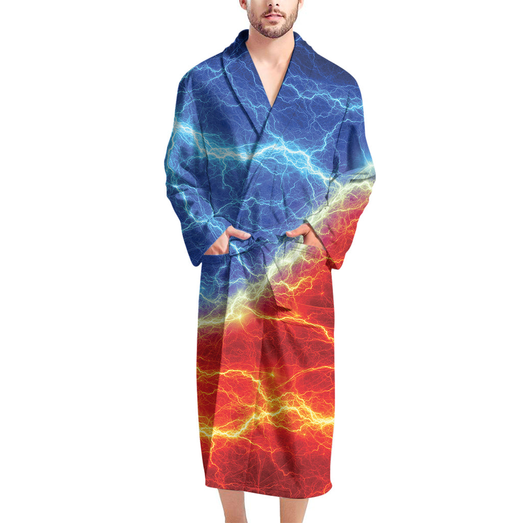 Blue And Red Lightning Print Men's Bathrobe