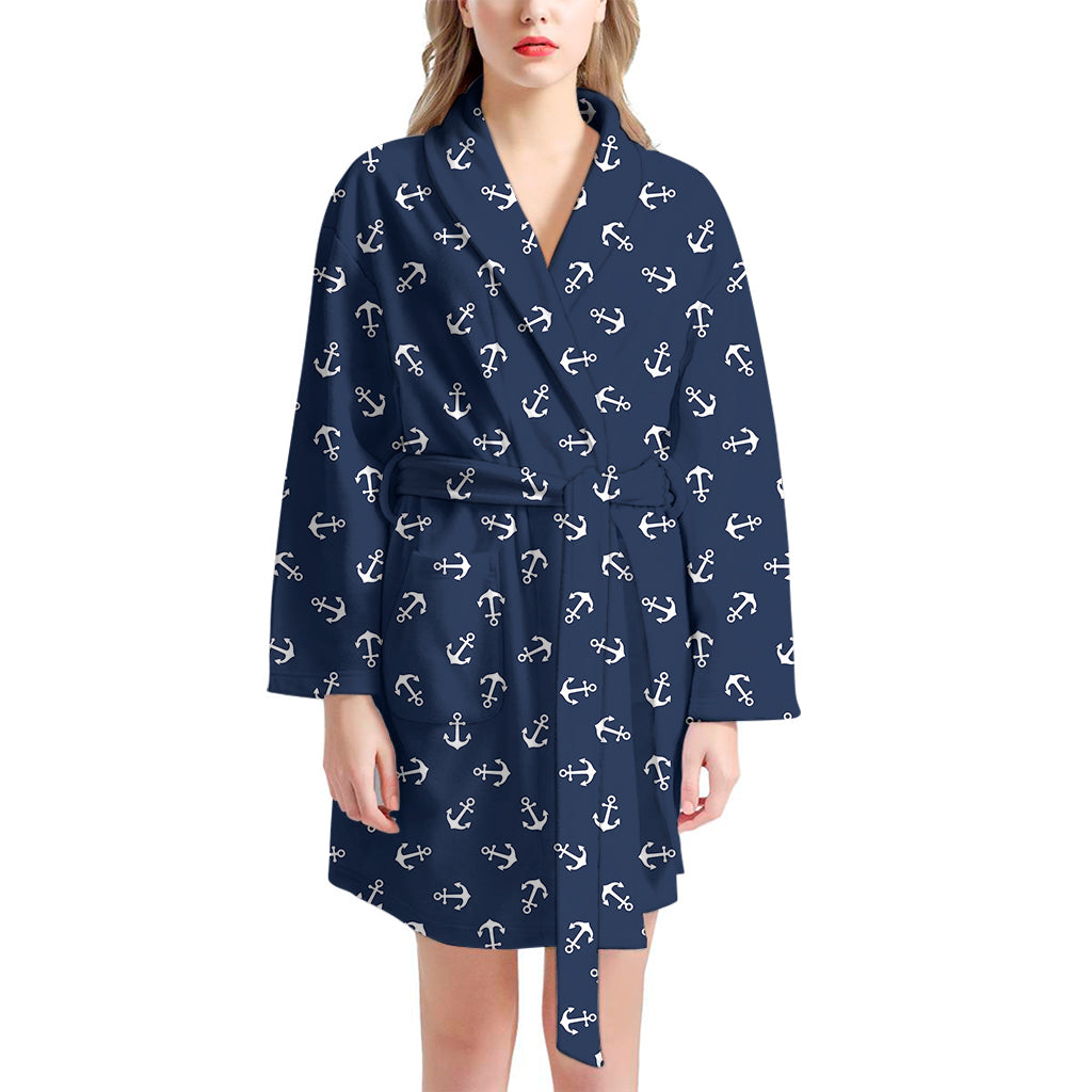 Blue And White Anchor Pattern Print Women's Bathrobe