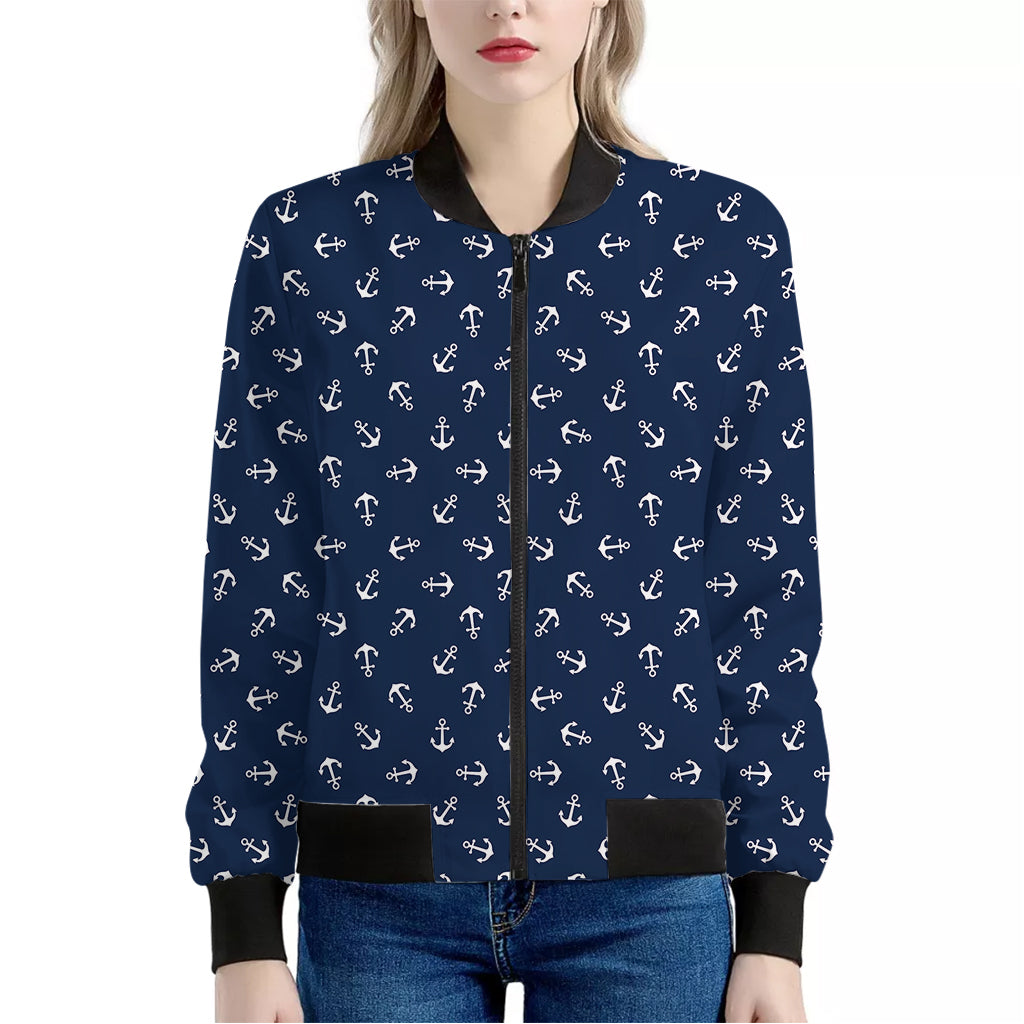 Blue And White Anchor Pattern Print Women's Bomber Jacket