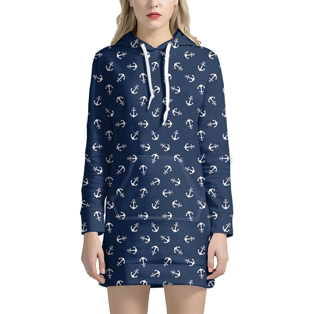 Blue And White Anchor Pattern Print Women's Pullover Hoodie Dress