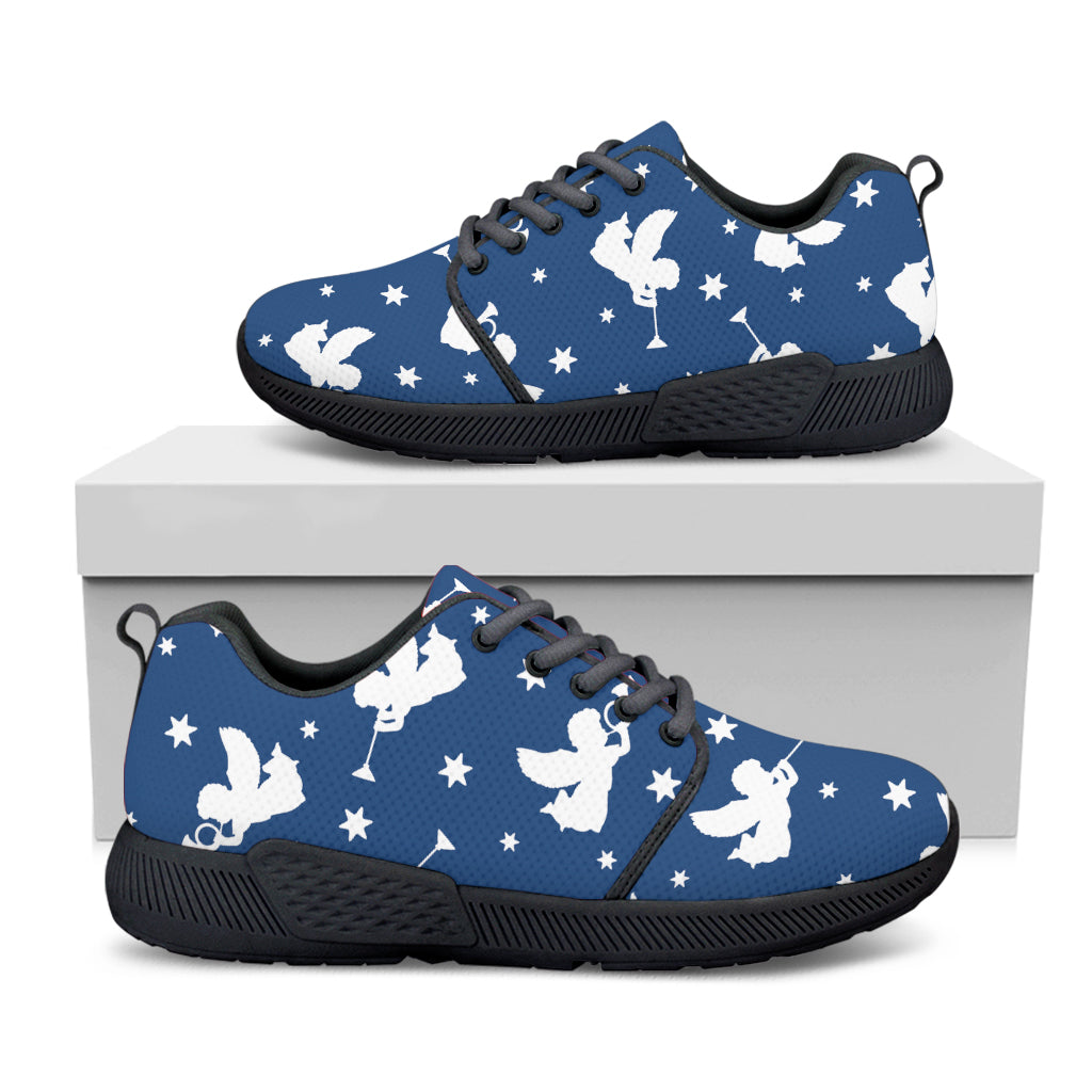 Blue And White Angel Pattern Print Black Athletic Shoes