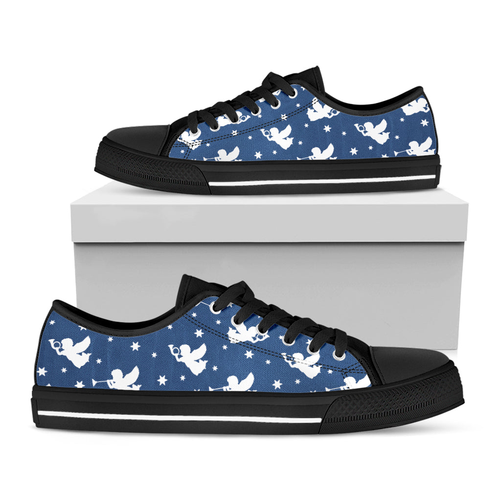 Blue And White Angel Pattern Print Black Low Top Shoes