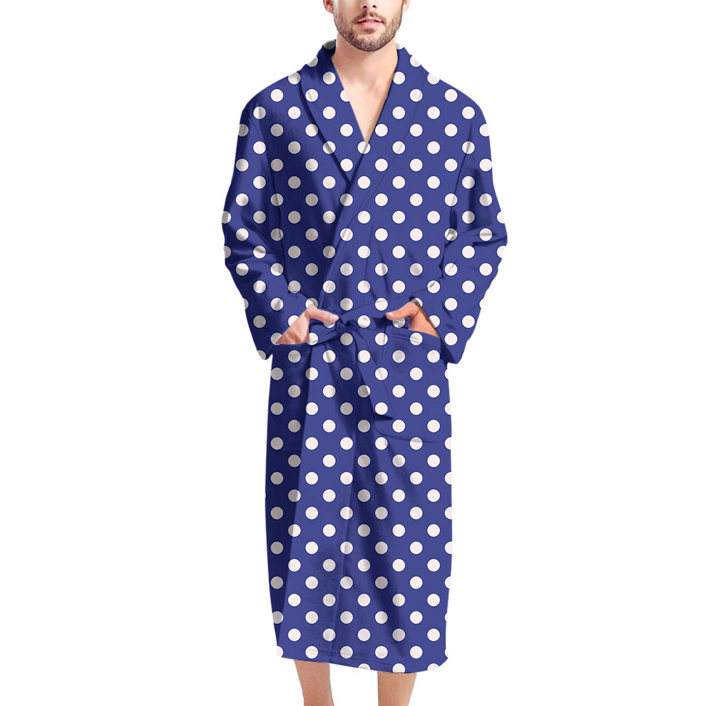 Blue And White Polka Dot Pattern Print Men's Bathrobe