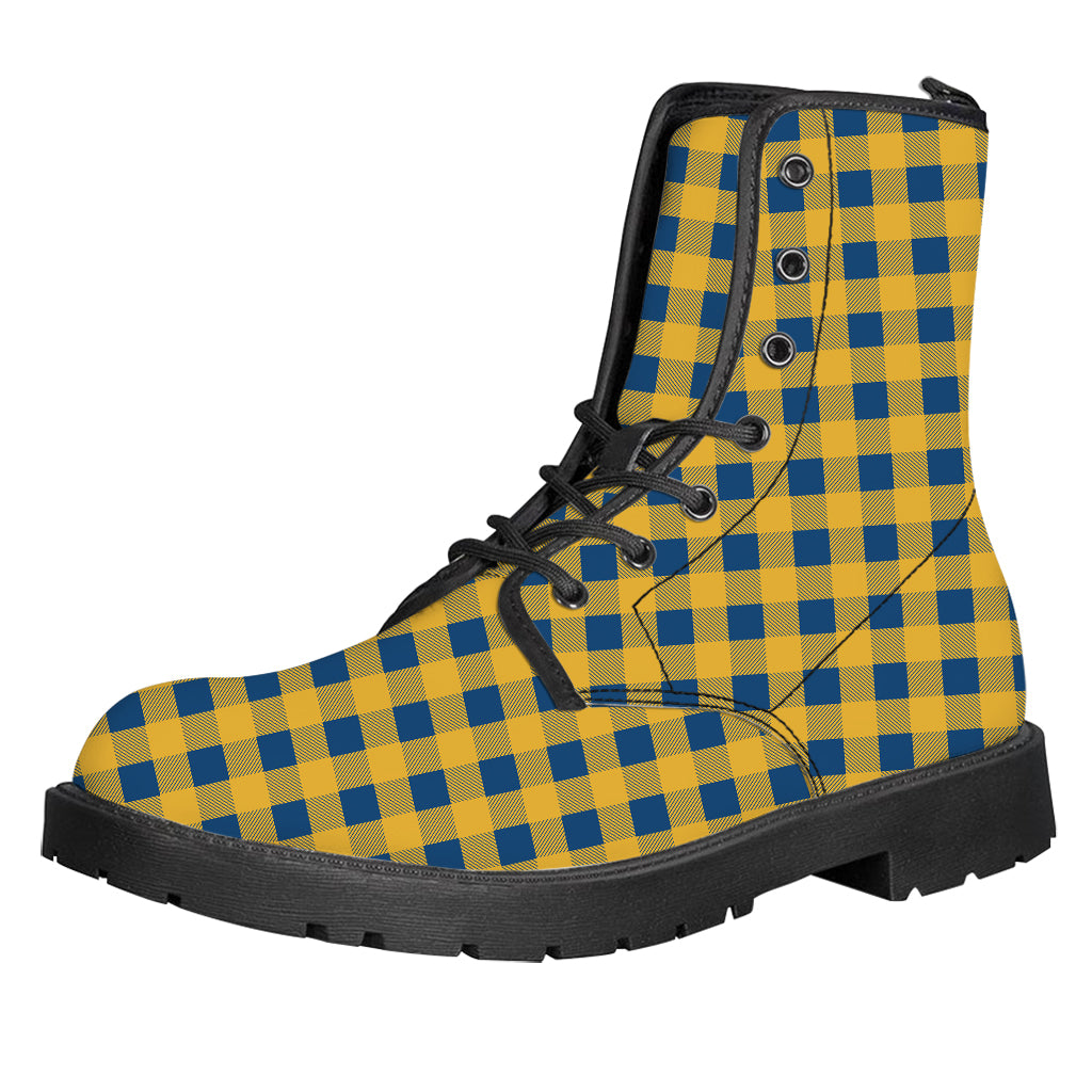 Blue And Yellow Buffalo Check Print Leather Boots