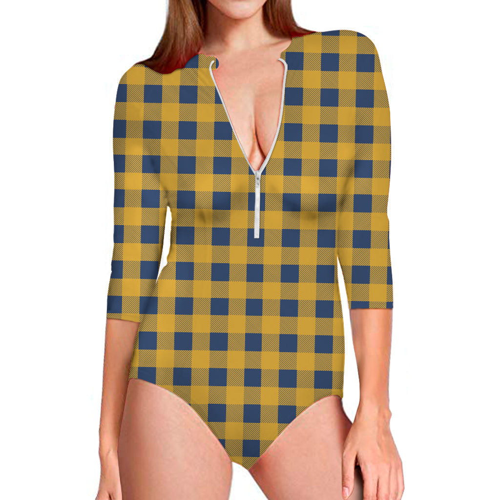 Blue And Yellow Buffalo Check Print Long Sleeve One Piece Swimsuit
