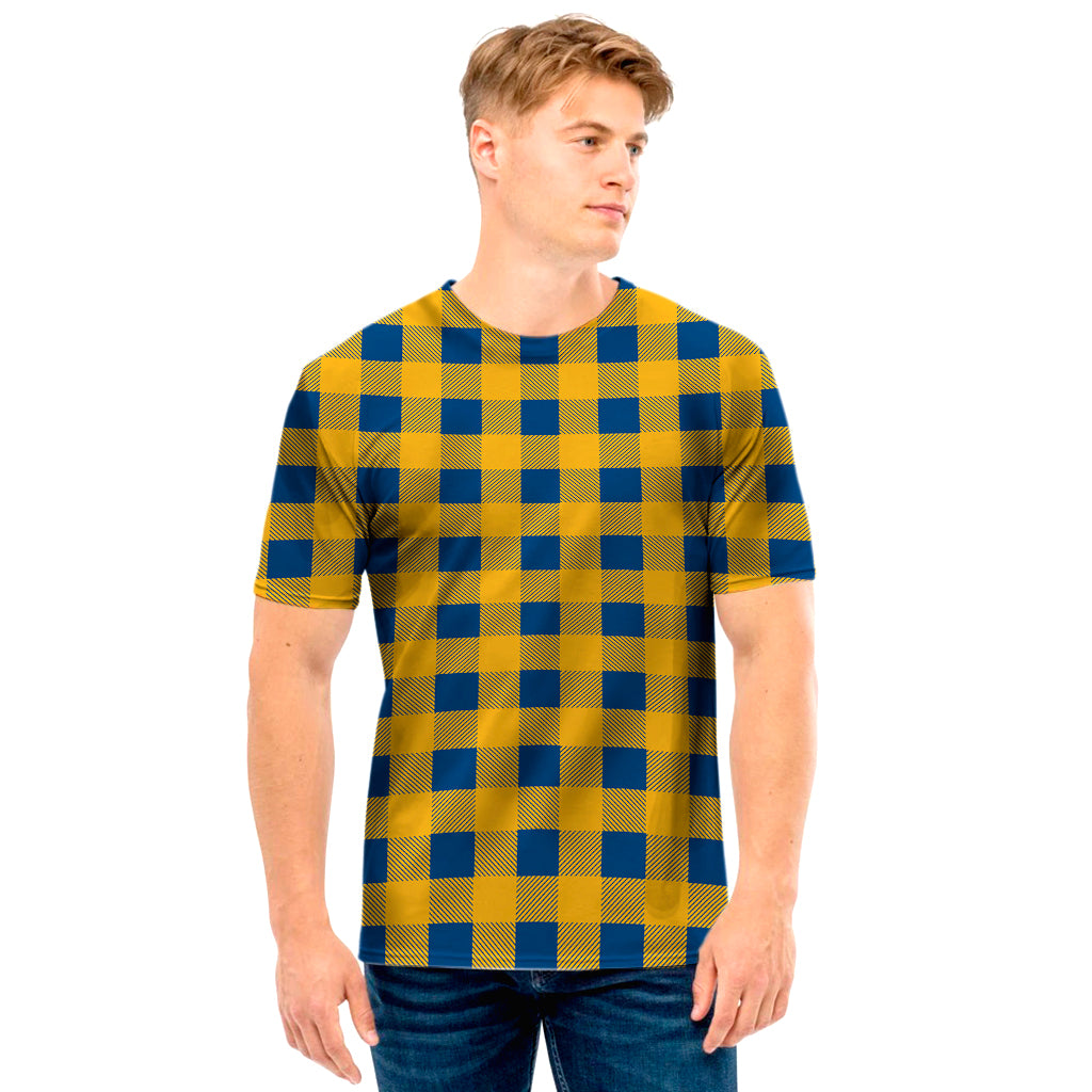 Blue And Yellow Buffalo Check Print Men's T-Shirt