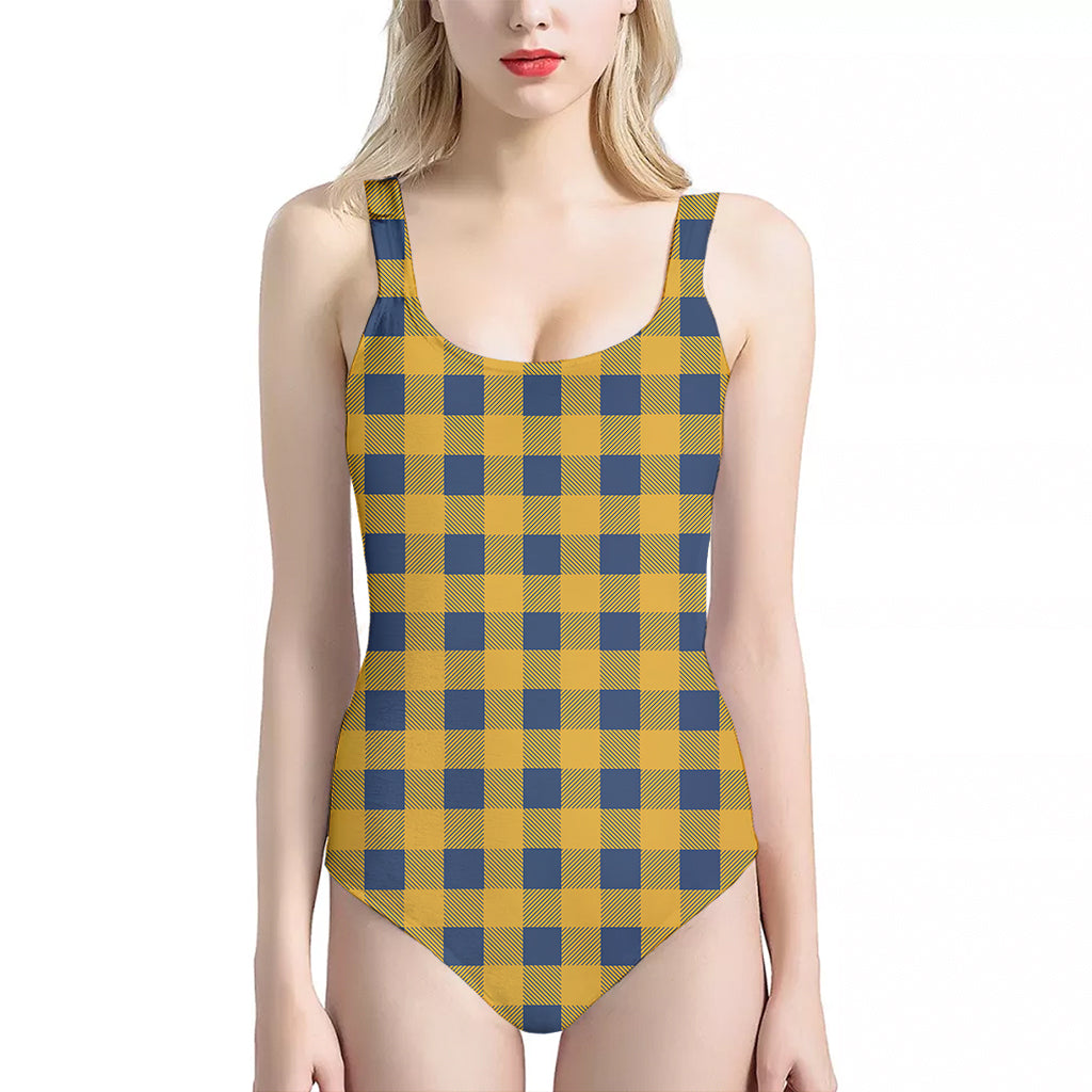 Blue And Yellow Buffalo Check Print One Piece Halter Neck Swimsuit