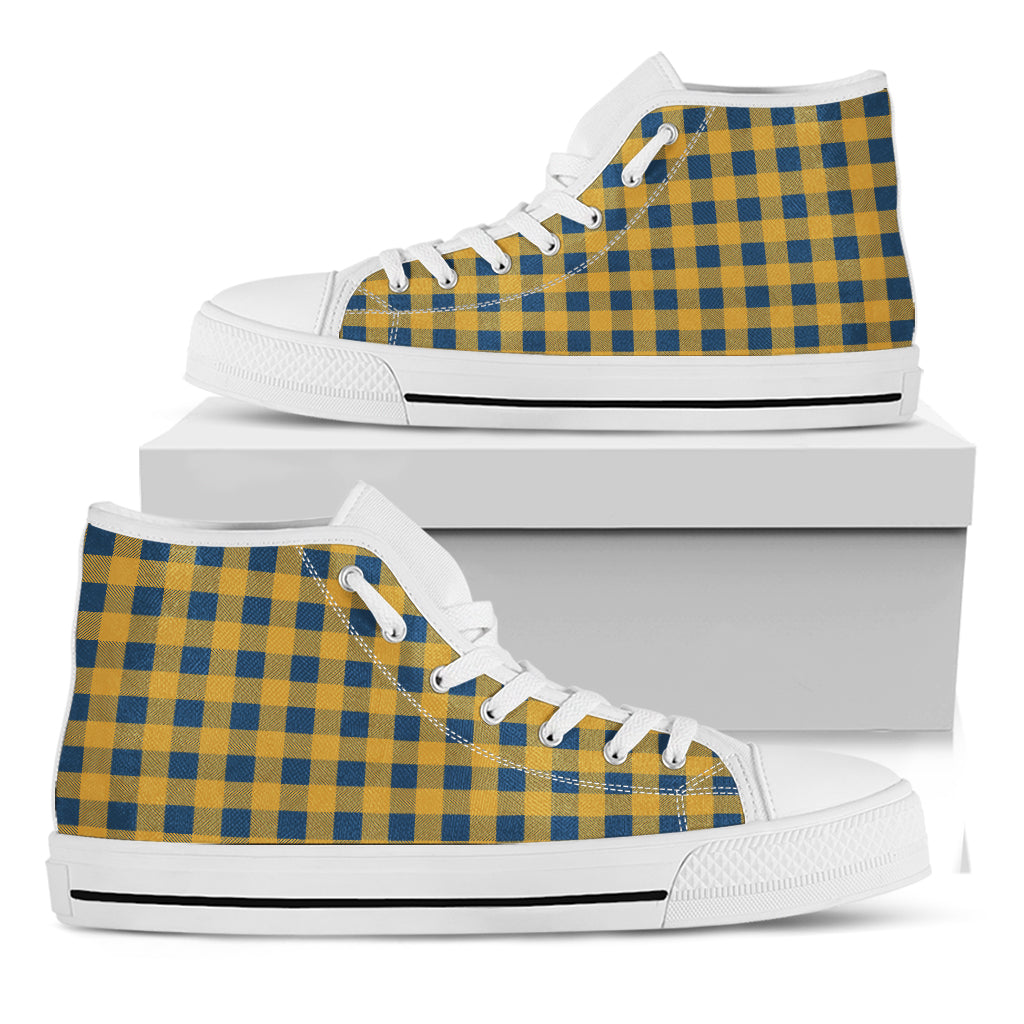Blue And Yellow Buffalo Check Print White High Top Shoes