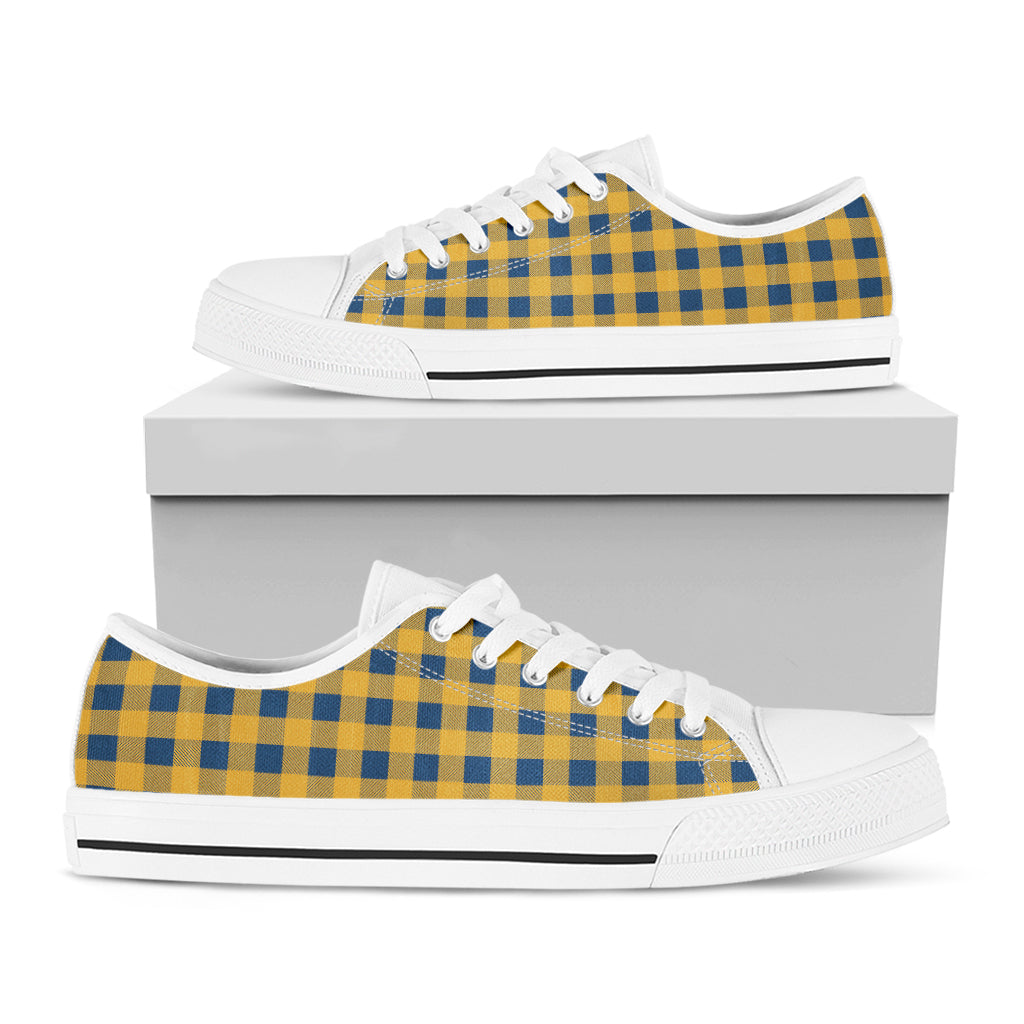 Blue And Yellow Buffalo Check Print White Low Top Shoes