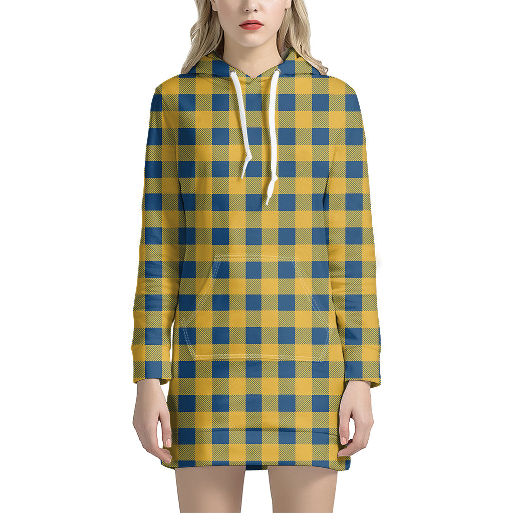 Blue And Yellow Buffalo Check Print Women's Pullover Hoodie Dress