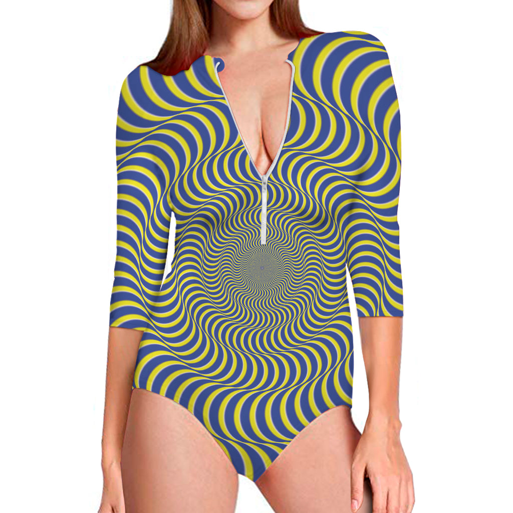 Blue And Yellow Illusory Motion Print Long Sleeve One Piece Swimsuit