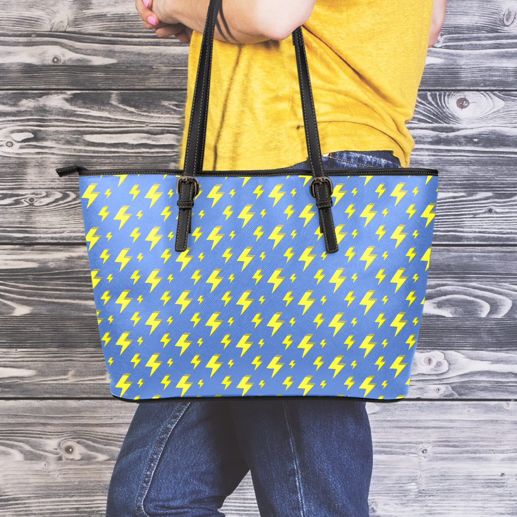 Blue And Yellow Lightning Pattern Print Leather Tote Bag