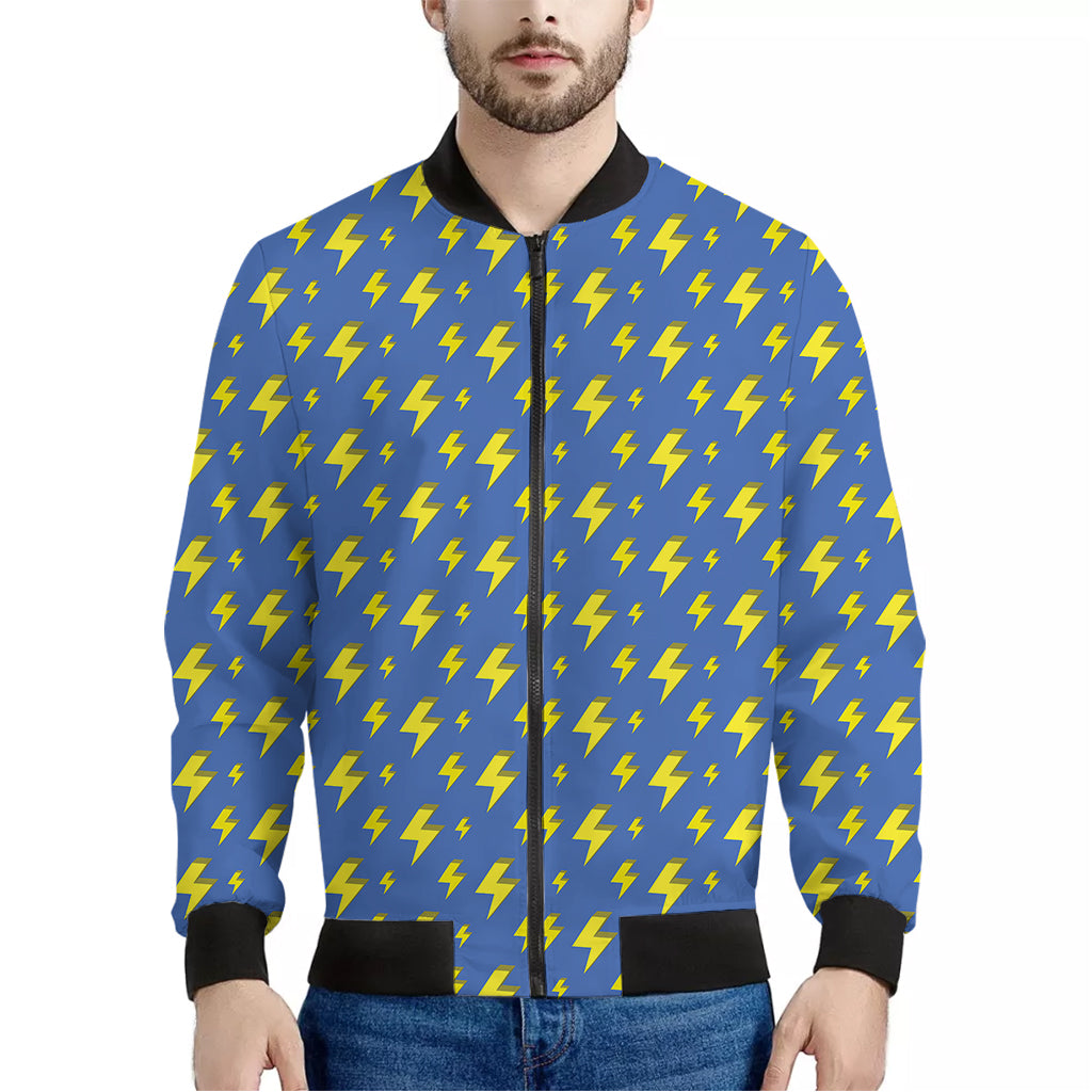 Blue And Yellow Lightning Pattern Print Men's Bomber Jacket