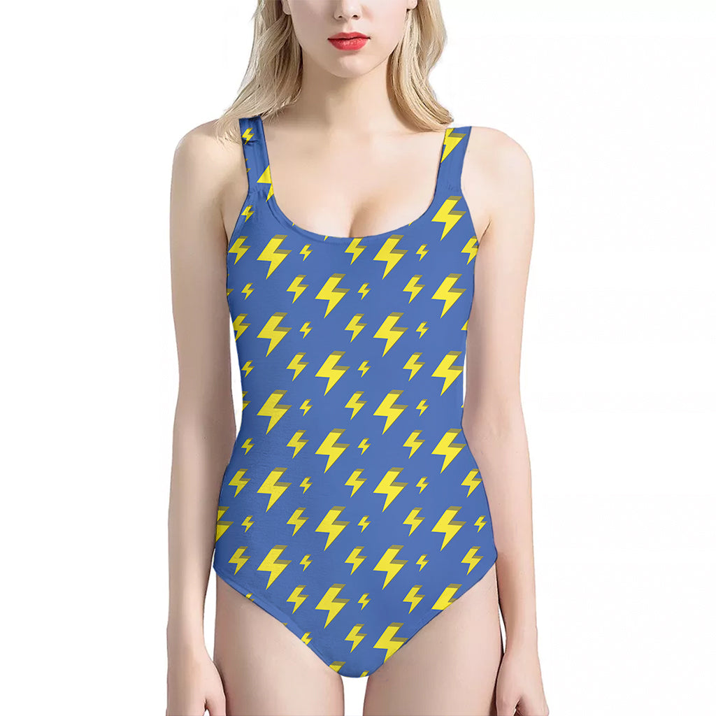 Blue And Yellow Lightning Pattern Print One Piece Halter Neck Swimsuit