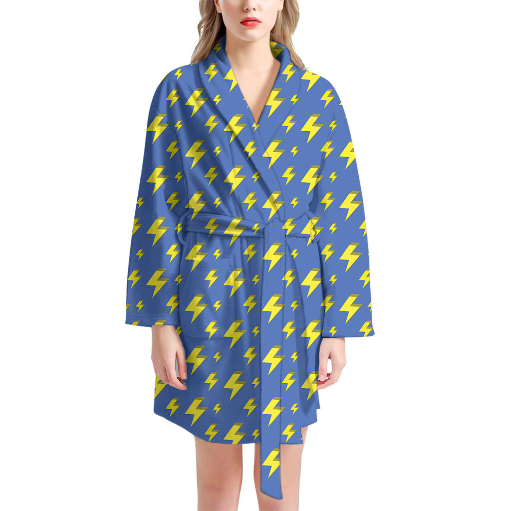 Blue And Yellow Lightning Pattern Print Women's Bathrobe