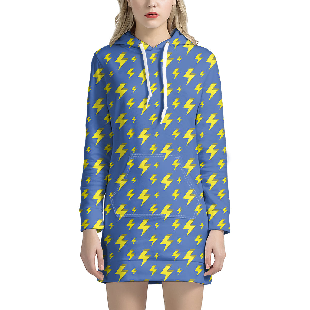 Blue And Yellow Lightning Pattern Print Women's Pullover Hoodie Dress