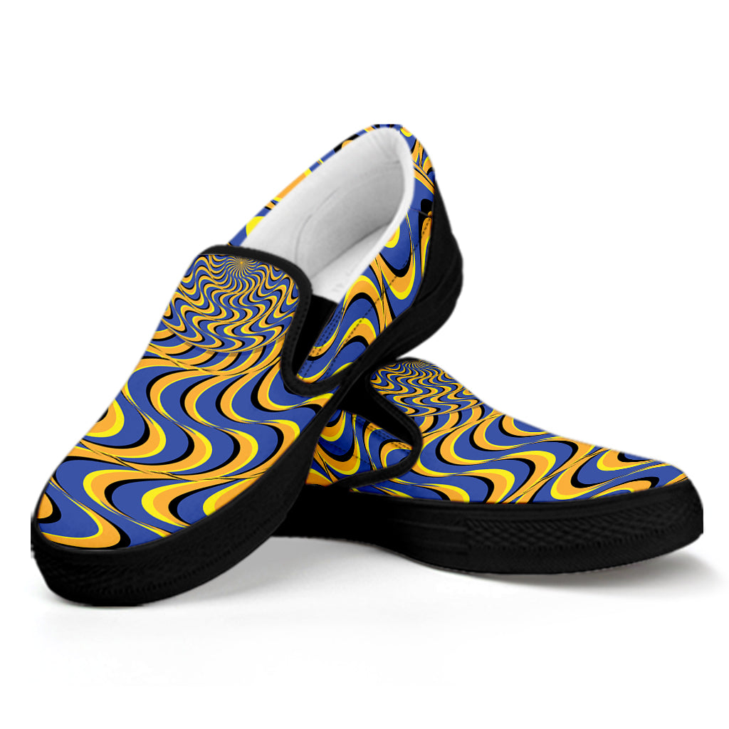 Blue And Yellow Motion Illusion Print Black Slip On Shoes