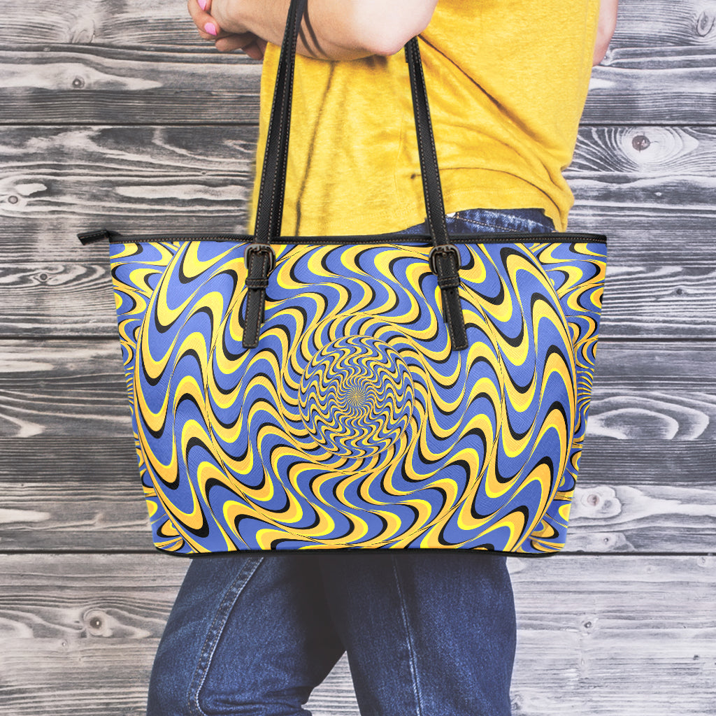 Blue And Yellow Motion Illusion Print Leather Tote Bag