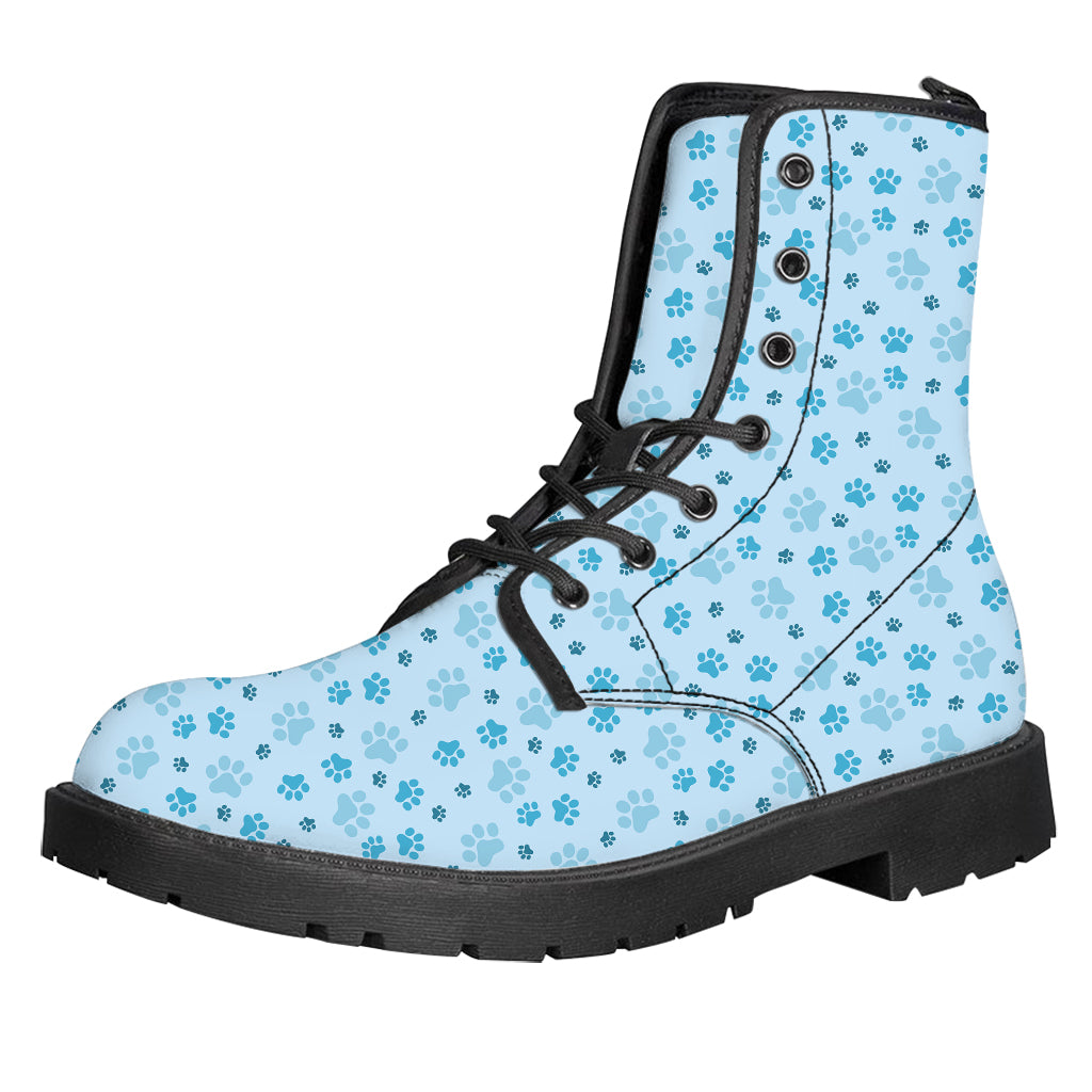 Blue Animal Paw Pattern Print Leather Boots