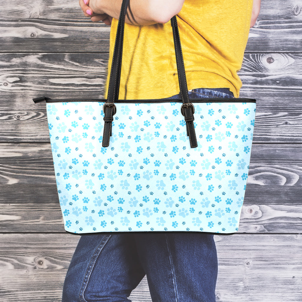 Blue Animal Paw Pattern Print Leather Tote Bag