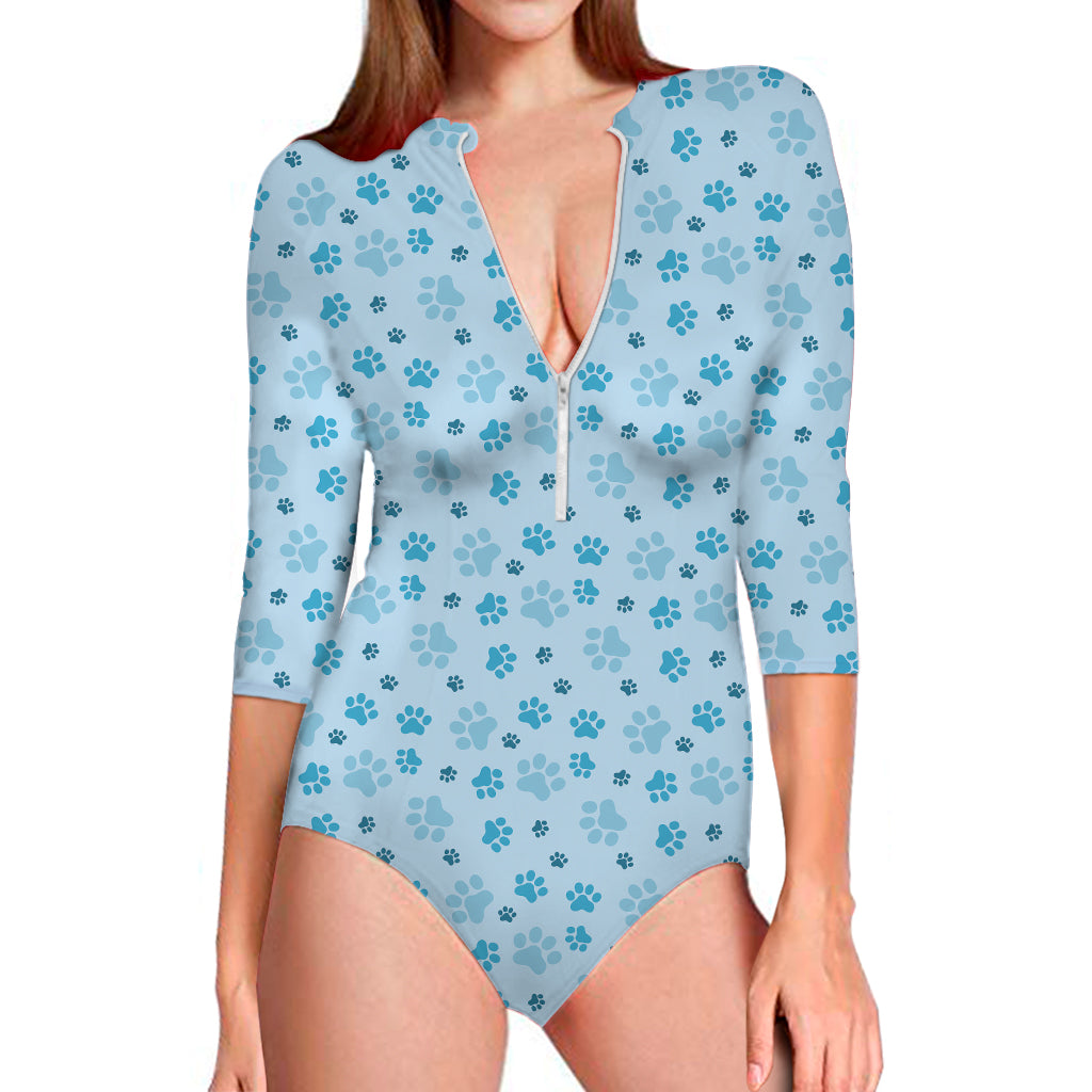 Blue Animal Paw Pattern Print Long Sleeve One Piece Swimsuit