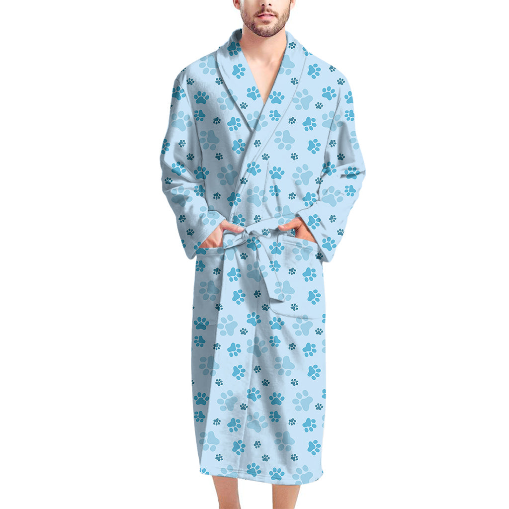 Blue Animal Paw Pattern Print Men's Bathrobe