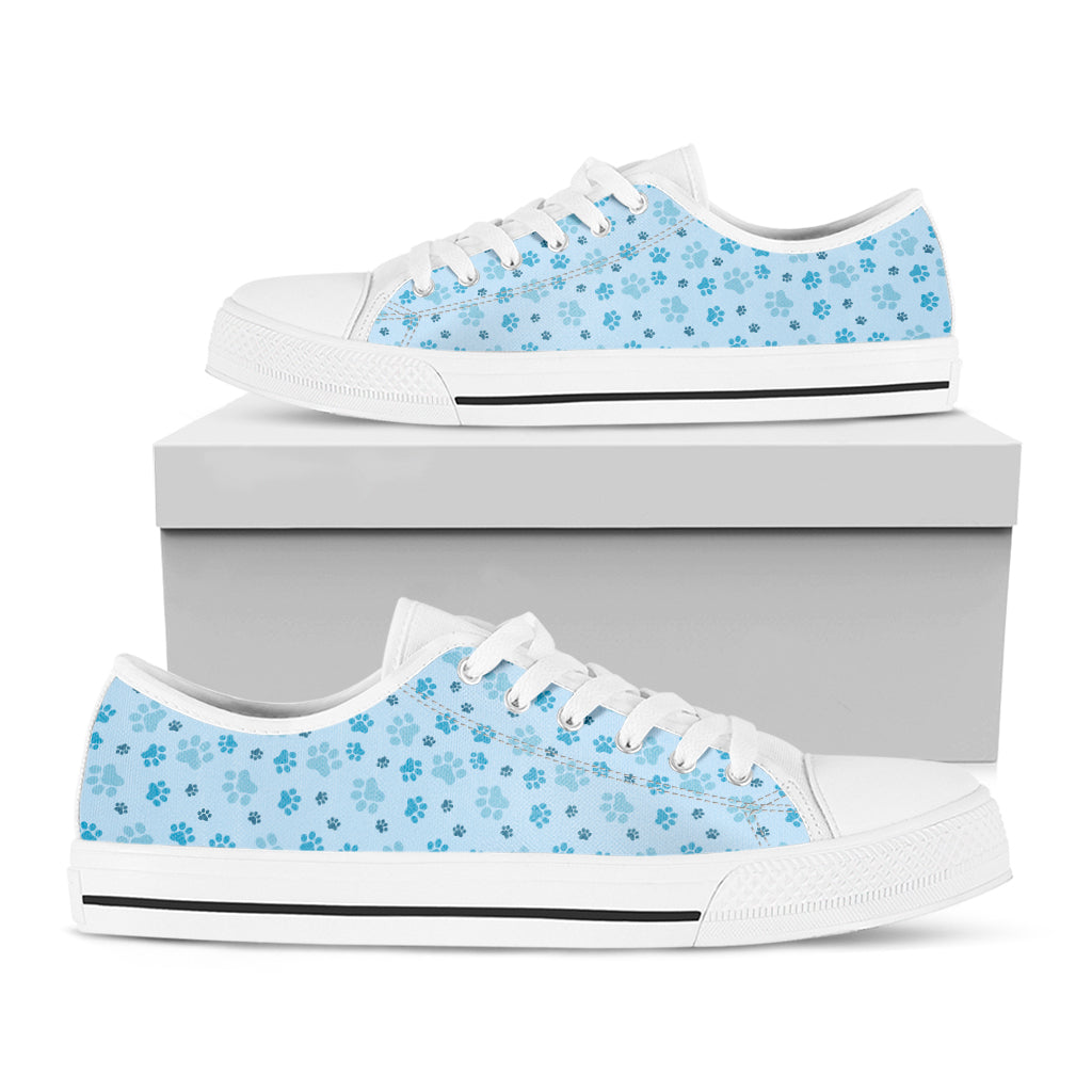 Blue Animal Paw Pattern Print White Low Top Shoes