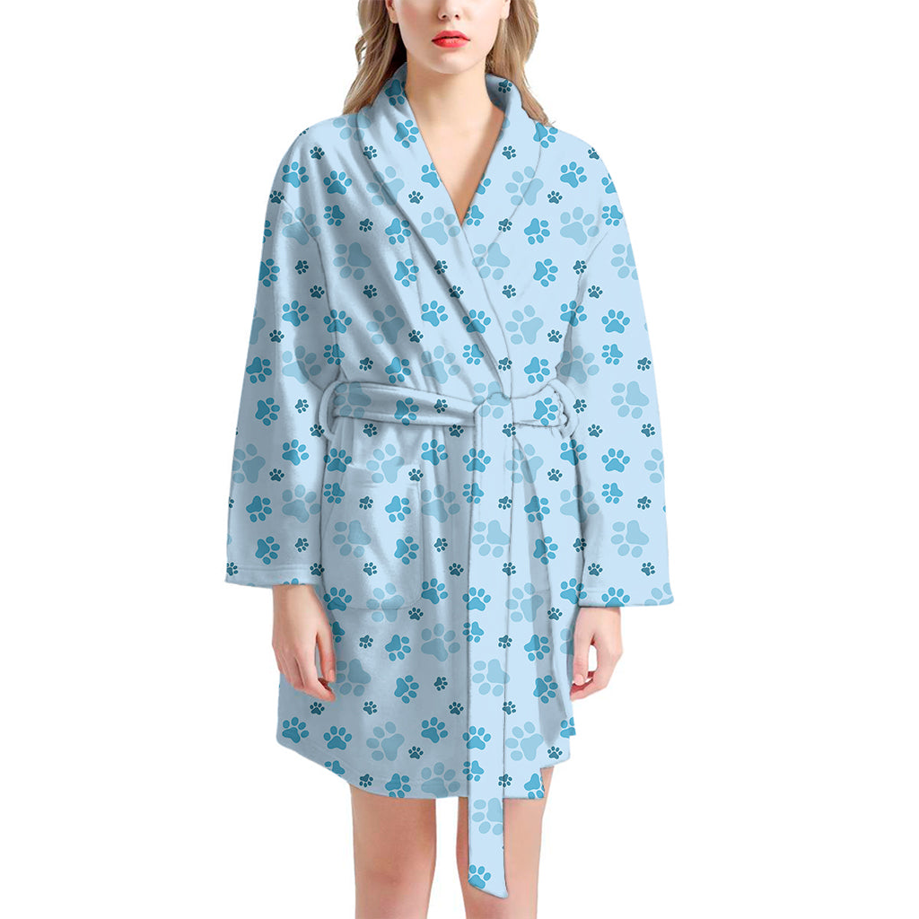 Blue Animal Paw Pattern Print Women's Bathrobe