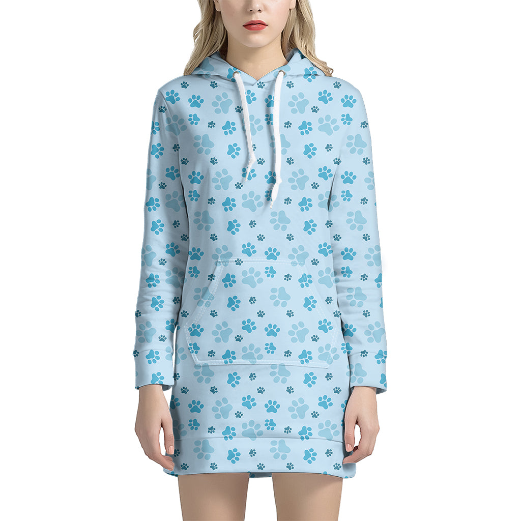 Blue Animal Paw Pattern Print Women's Pullover Hoodie Dress