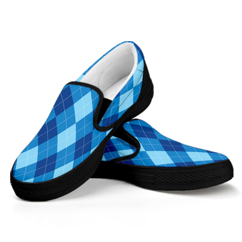 Blue Argyle Pattern Print Black Slip On Shoes