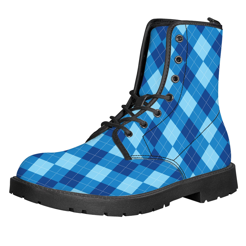 Blue Argyle Pattern Print Leather Boots