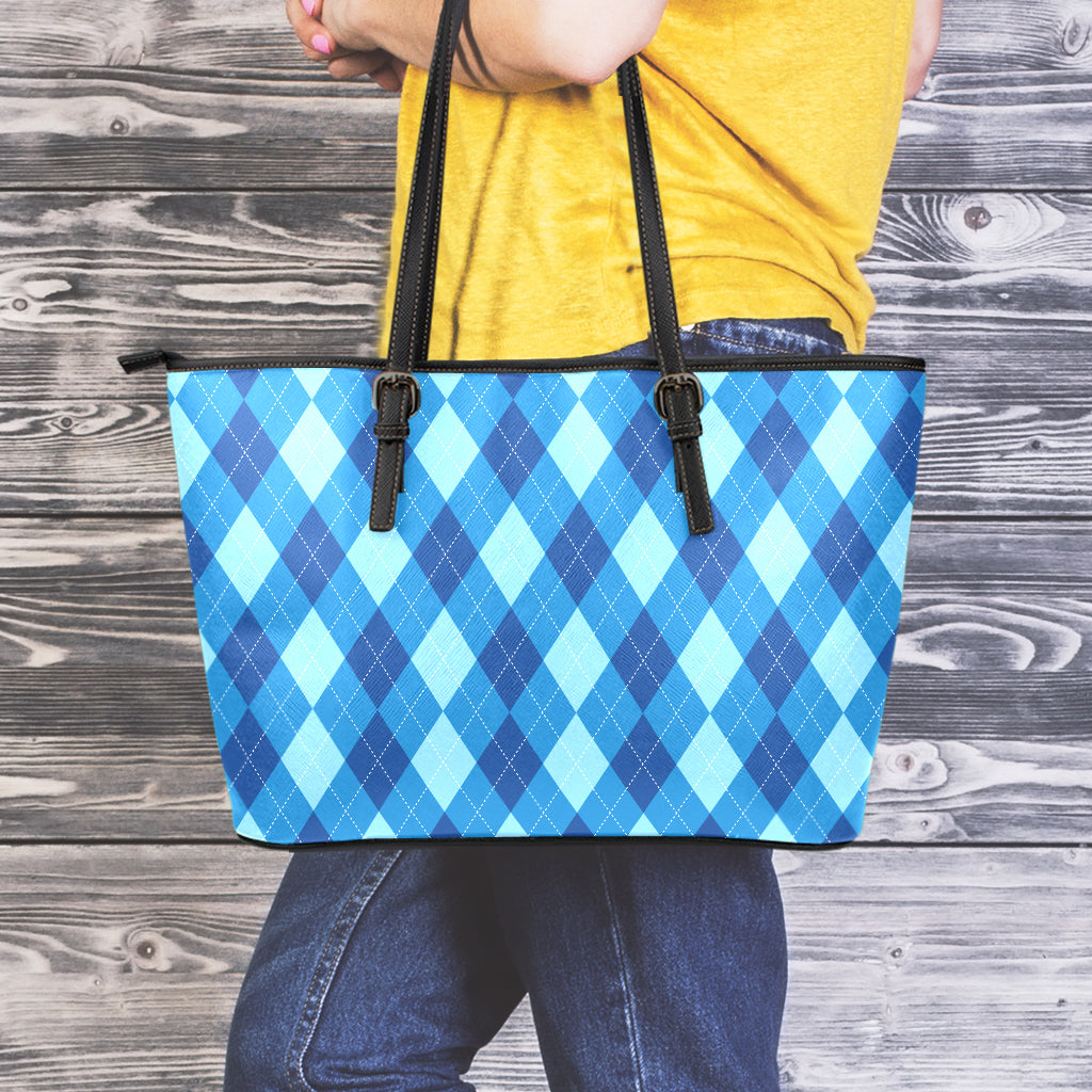 Blue Argyle Pattern Print Leather Tote Bag