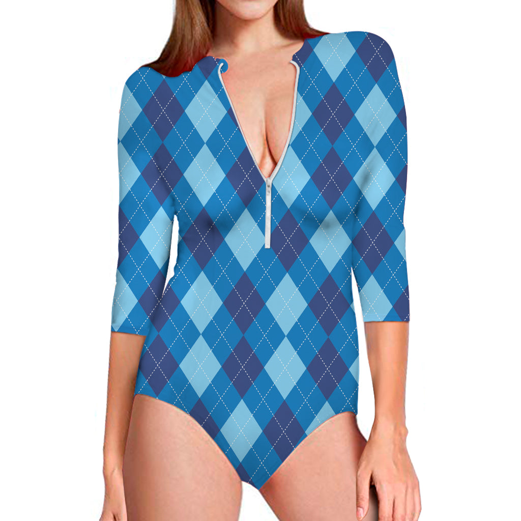 Blue Argyle Pattern Print Long Sleeve One Piece Swimsuit