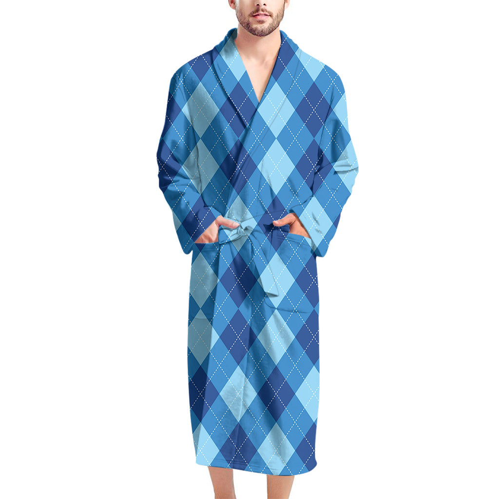 Blue Argyle Pattern Print Men's Bathrobe