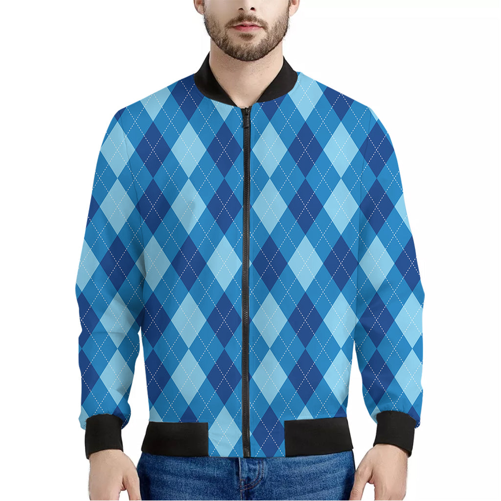 Blue Argyle Pattern Print Men's Bomber Jacket