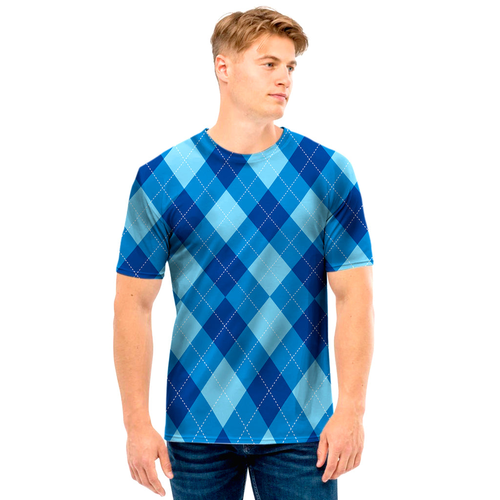 Blue Argyle Pattern Print Men's T-Shirt