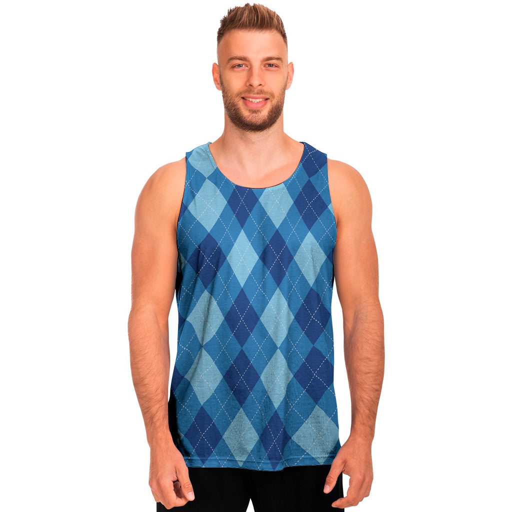 Blue Argyle Pattern Print Men's Tank Top