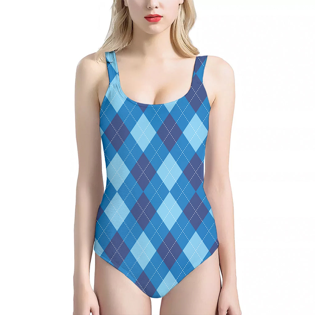 Blue Argyle Pattern Print One Piece Halter Neck Swimsuit