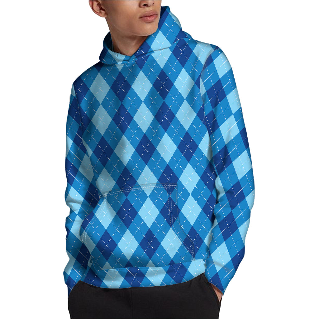 Blue Argyle Pattern Print Pullover Hoodie