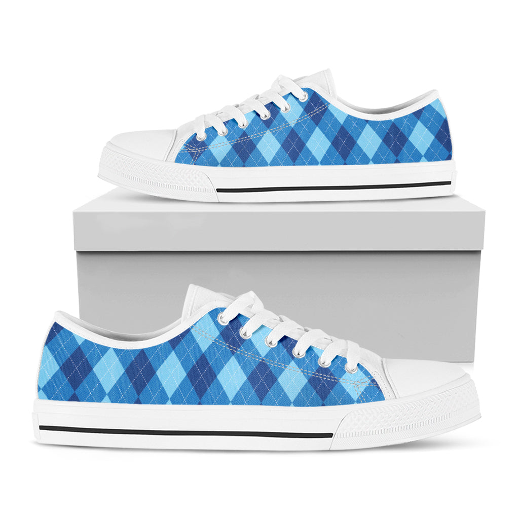 Blue Argyle Pattern Print White Low Top Shoes