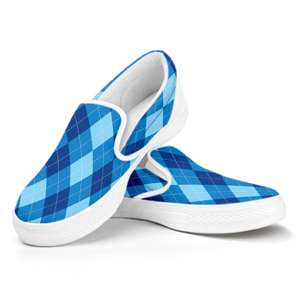 Blue Argyle Pattern Print White Slip On Shoes